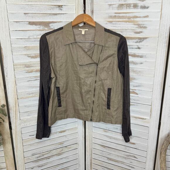 EILEEN FISHER Women's Petite L Organic Coated Linen Utility Moto Jacket Stone - Picture 2 of 16